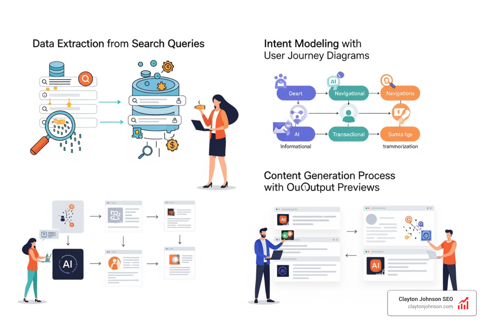 AI-driven SEO workflow showing data extraction, intent modeling, and content generation - seo marketing strategy