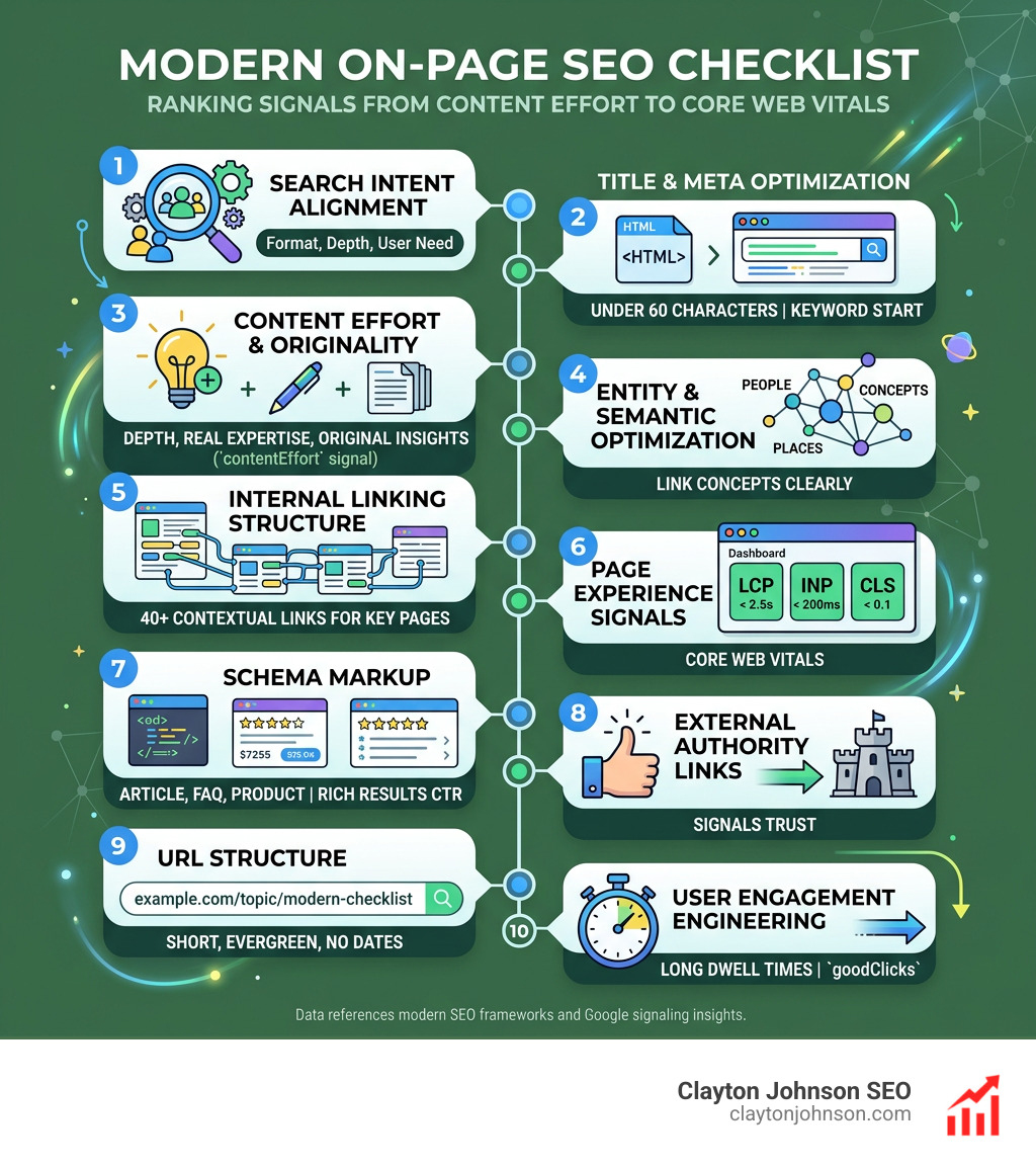 Modern on-page SEO checklist infographic showing ranking signals from content effort to Core Web Vitals - modern on-page seo