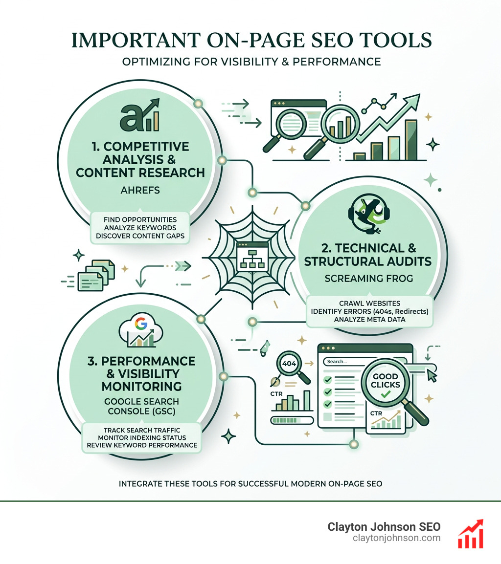 Infographic showing the most important on-page SEO tools including Ahrefs, Screaming Frog, and GSC - modern on-page seo