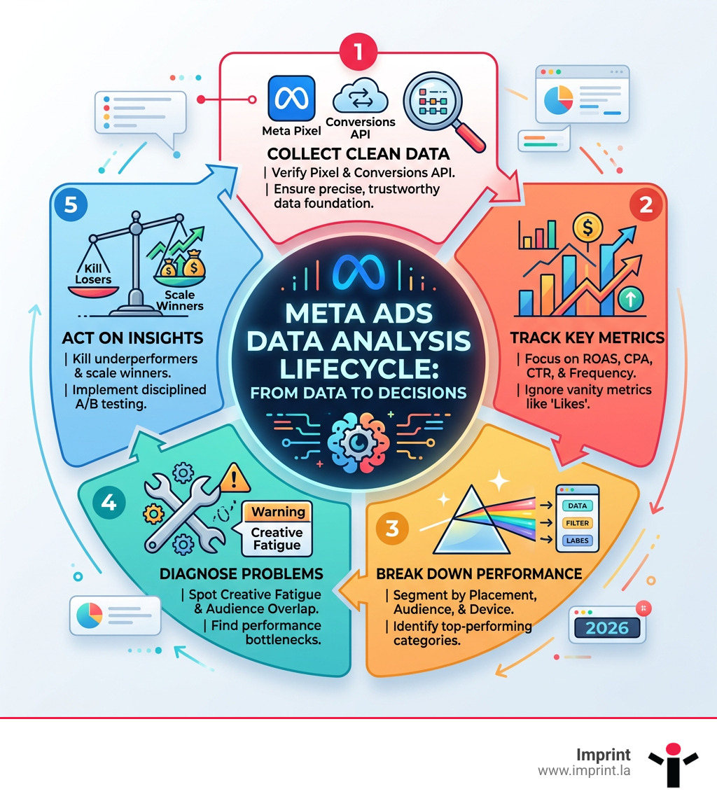 Meta ads data analysis lifecycle from data collection to optimization decisions - meta ads data analysis infographic Meta ads data analysis lifecycle from data collection to optimization decisions - meta ads data analysis infographic