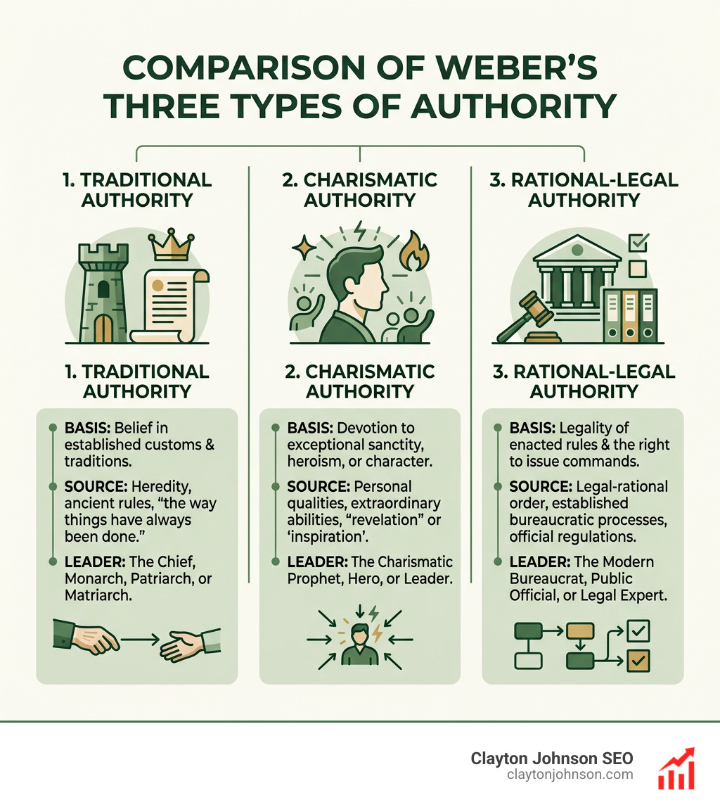 Comparison of Weber’s three types of authority: Traditional, Charismatic, and Rational-Legal - authority framework social
