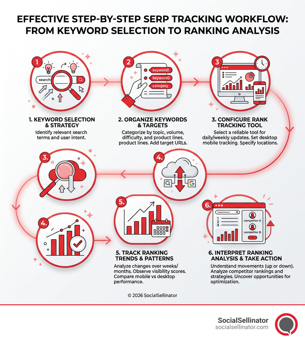 Step-by-step SERP tracking workflow from keyword selection to ranking analysis infographic - serp tracking google