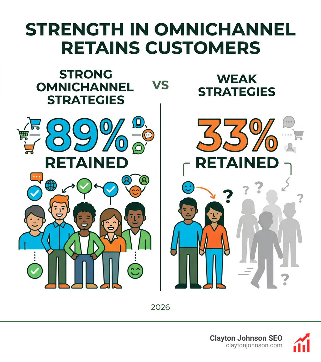 Infographic showing that 89% of customers are retained by brands with strong omnichannel strategies versus 33% for weak