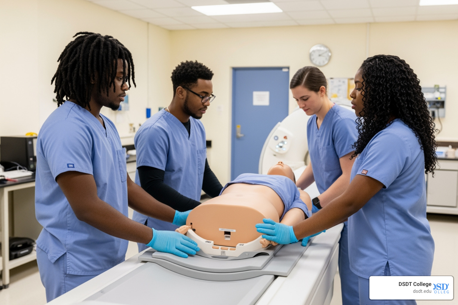 Students practicing patient positioning in a medical imaging lab - MRI Technology Associate degree 