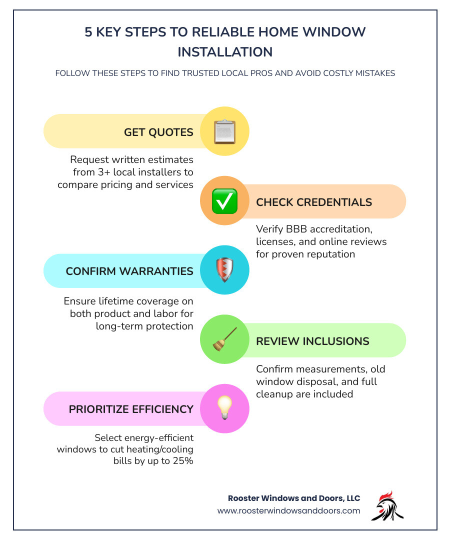 Infographic showing key steps to find reliable home window installation near me: get quotes, check credentials, verify