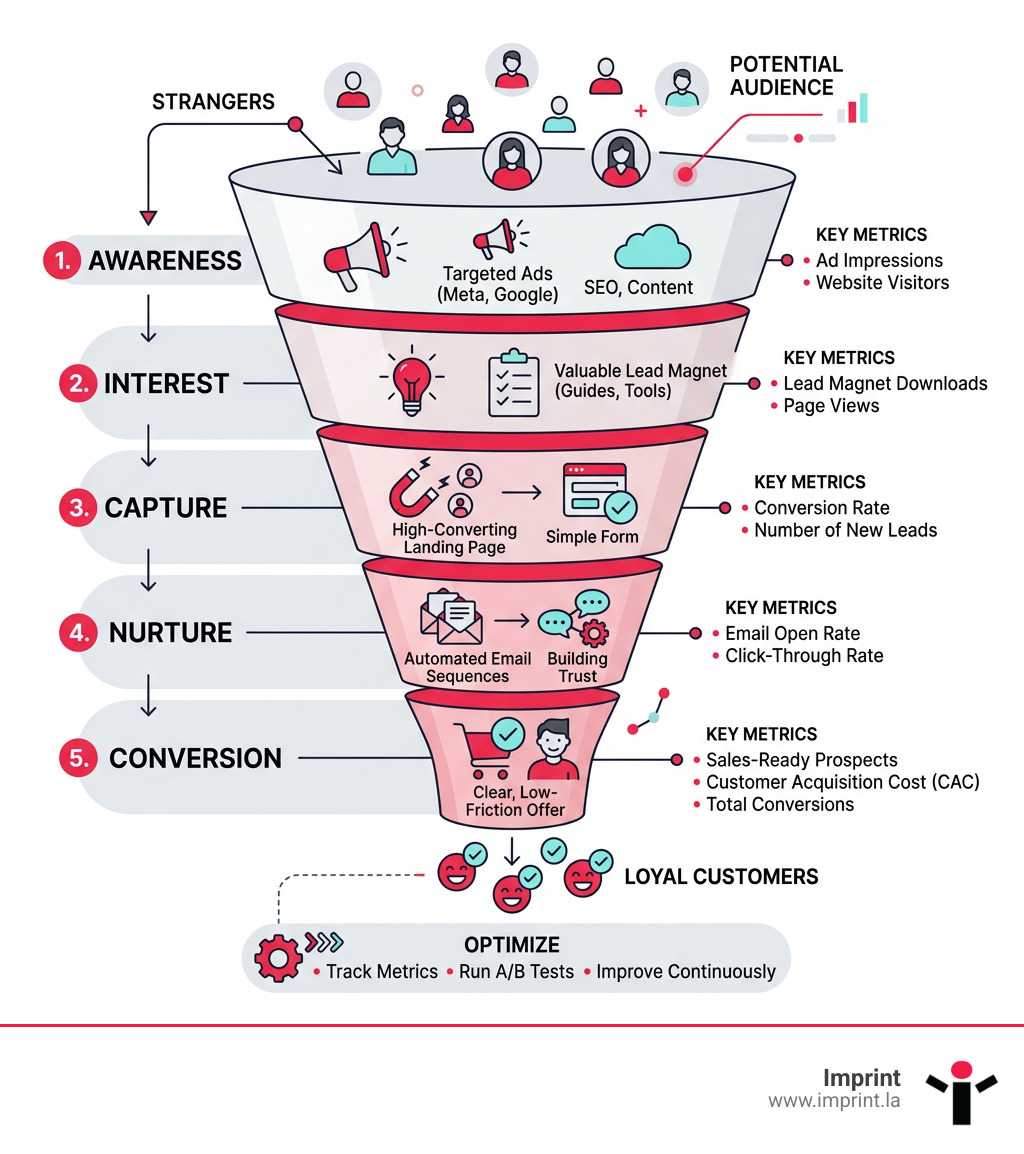 Lead generation funnel journey from awareness to conversion with stages, tactics, and key metrics - lead generation funnel