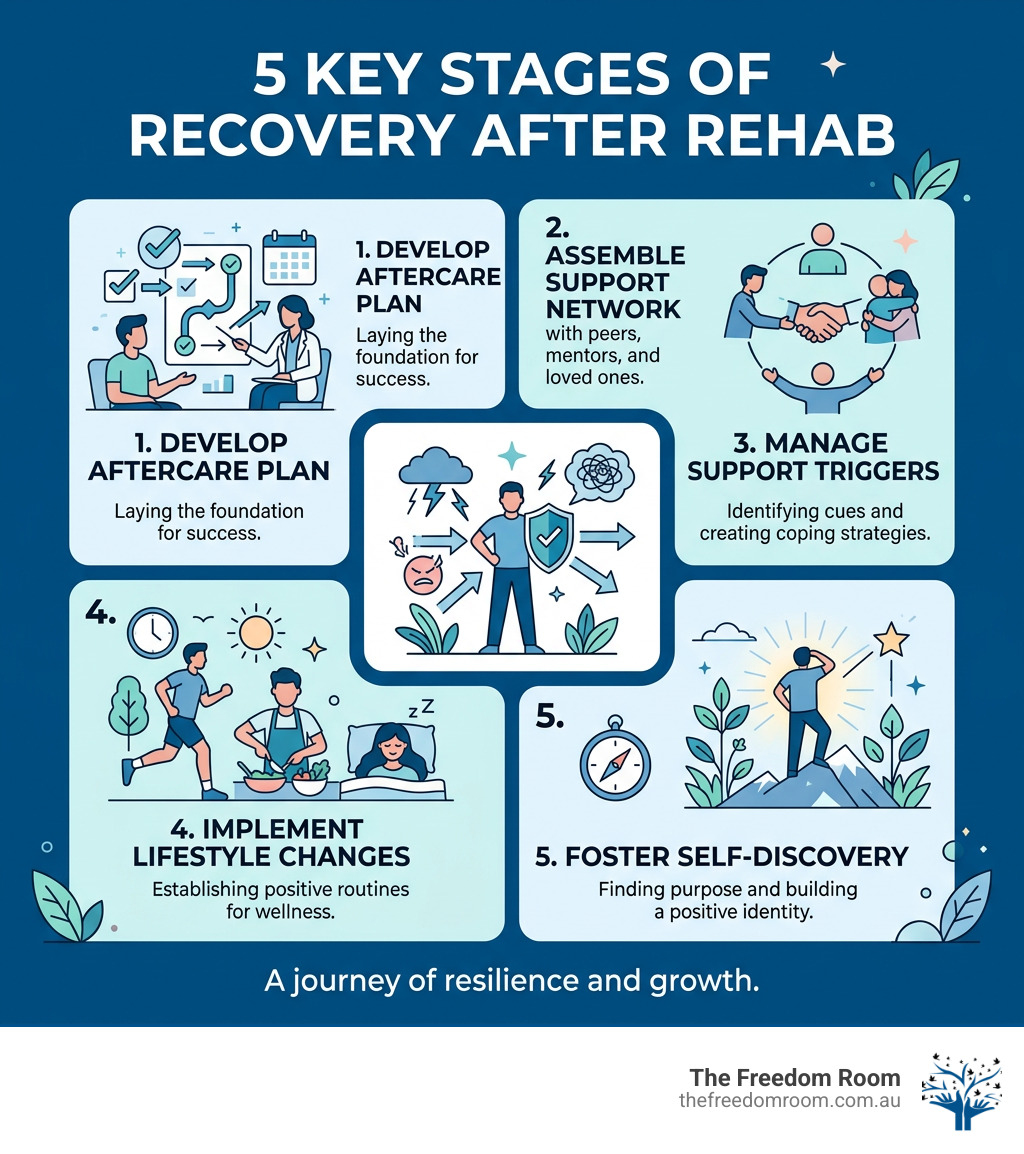 Infographic showing the 5 key stages of recovery after rehab: aftercare planning, building support, managing triggers