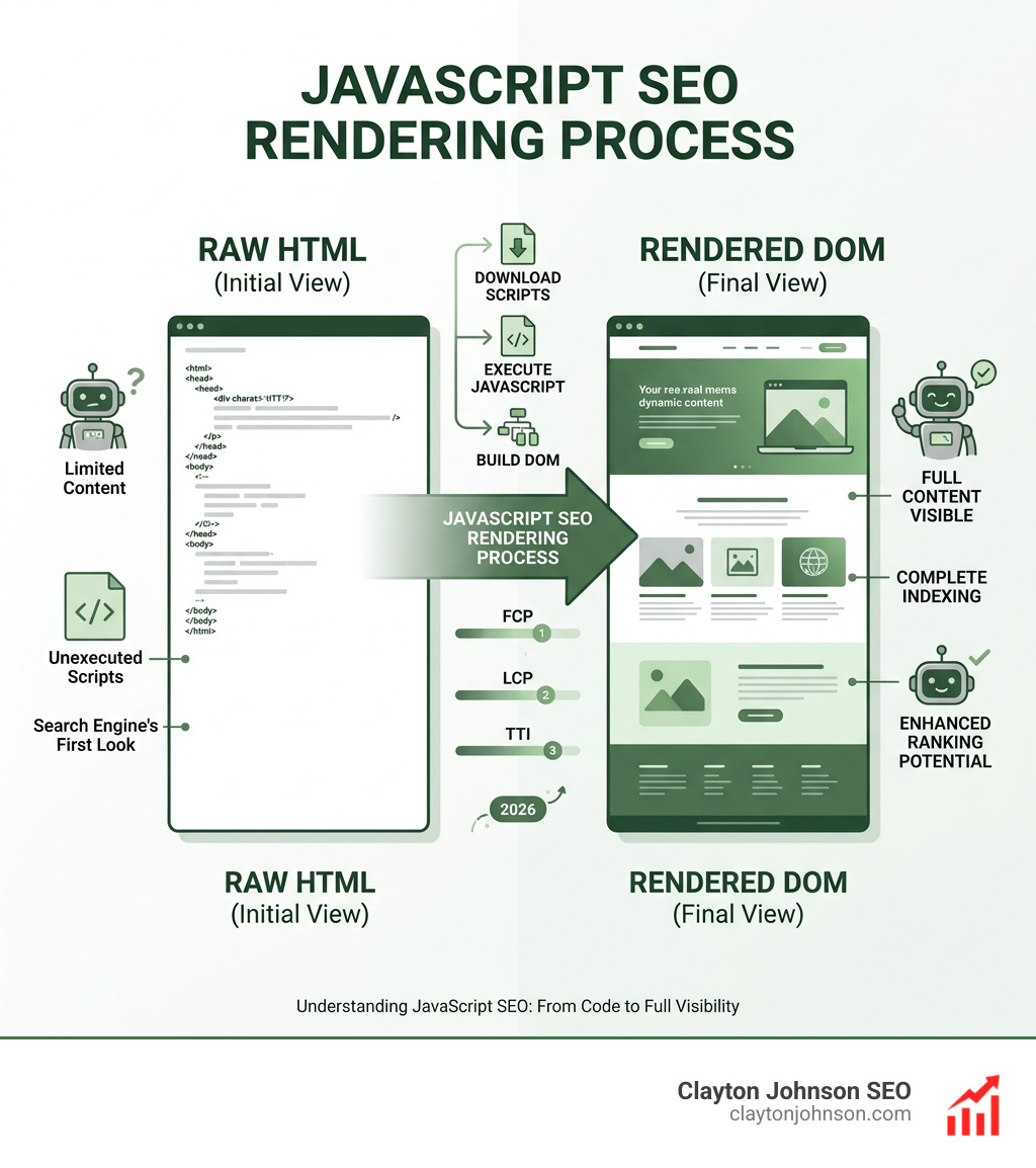 difference between raw HTML and rendered DOM showing JavaScript SEO rendering process - javascript seo rendering metrics