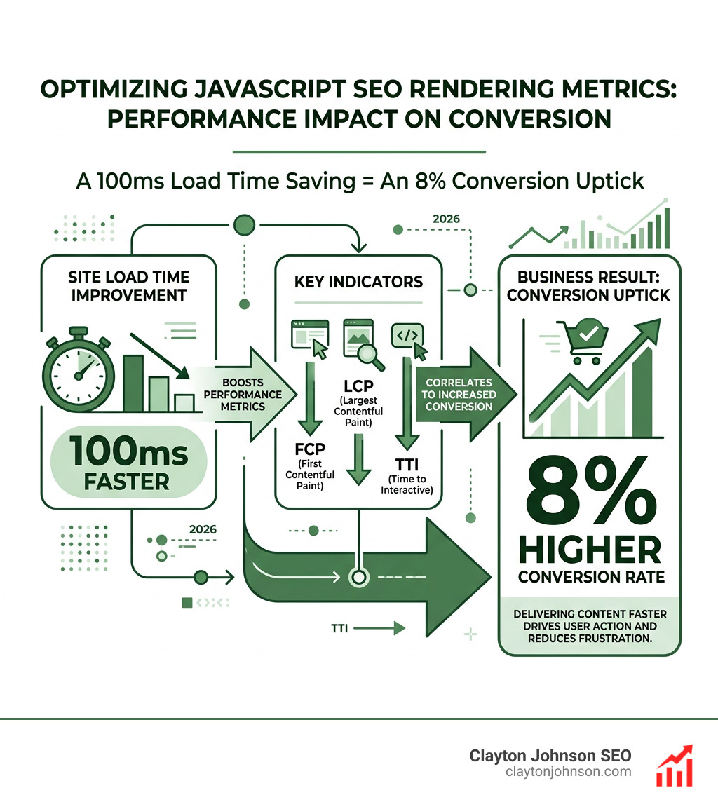 infographic showing 100ms load time saving equals 8 percent conversion uptick - javascript seo rendering metrics infographic 