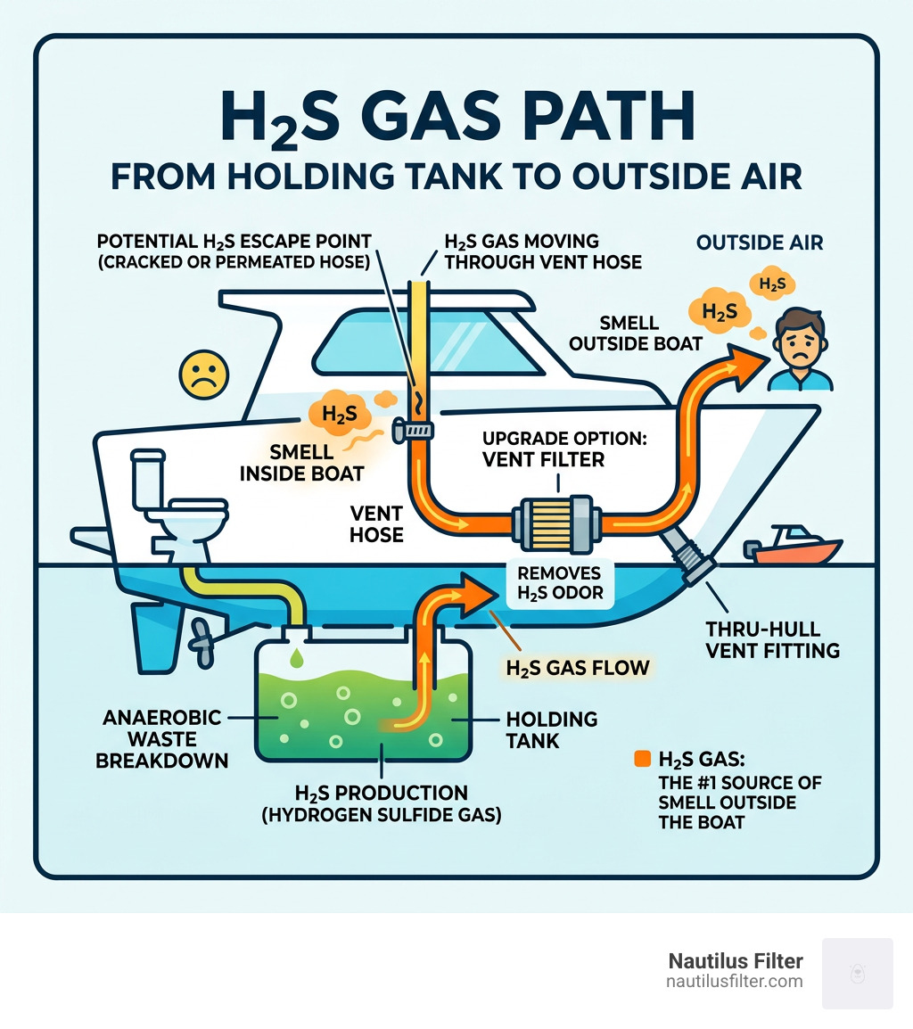 Diagram showing H2S gas path from holding tank through vent hose to outside air on a boat - boat holding tank odors