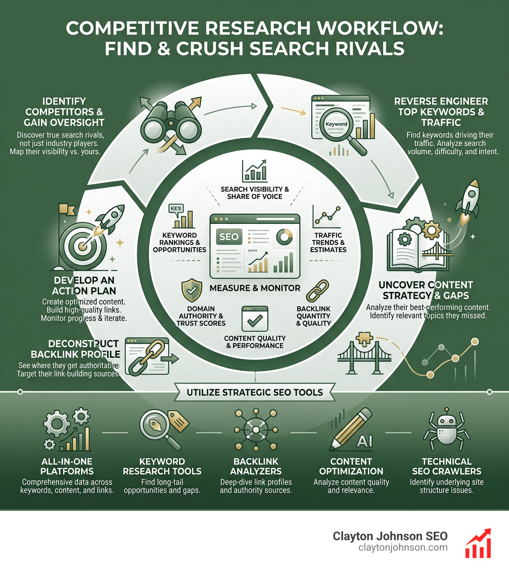 competitive research workflow showing tools, metrics, and strategy steps - competitive analysis SEO tools infographic competitive research workflow showing tools, metrics, and strategy steps - competitive analysis SEO tools infographic