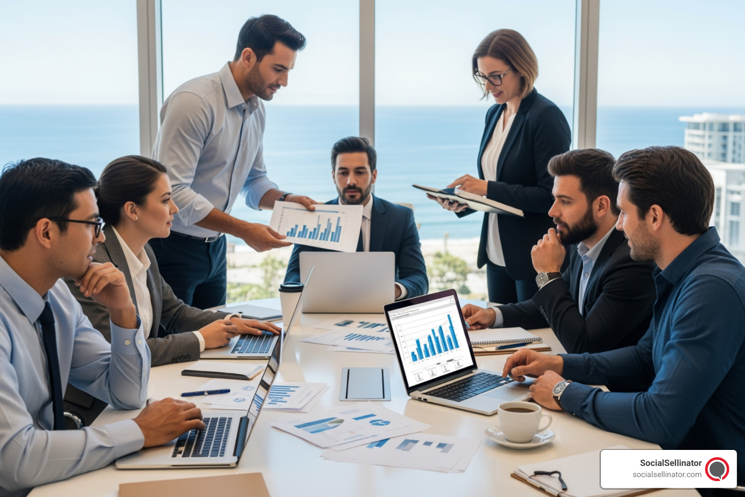 Professional team discussing data-driven marketing strategies in a modern office; Metadata: 1000x600px, PNG, High Resolution