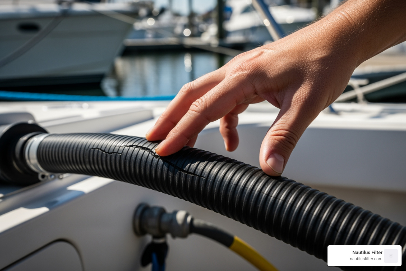 Marine sanitation hose being inspected for cracks and permeation - boat holding tank odors
