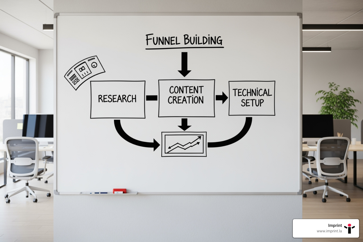 Funnel building workflow showing research, content creation, and technical setup stages - lead generation funnel design