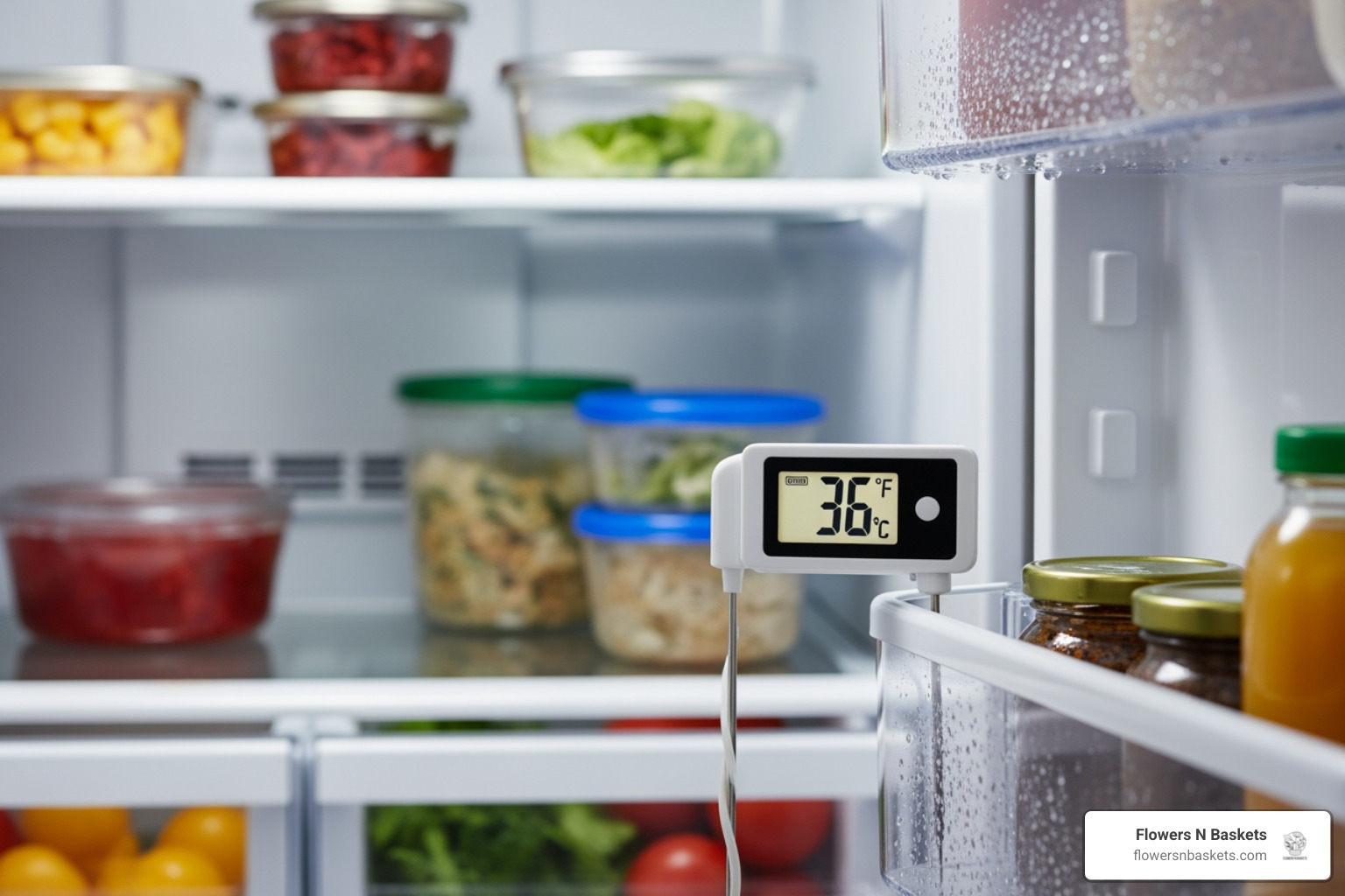 A digital thermometer inside a home refrigerator showing a reading of 36 degrees Fahrenheit - keeping cut flowers in the