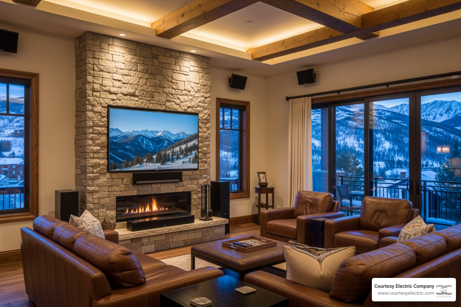 whole-home audio system in a luxury mountain living room Winter Park Colorado - best whole-home audio services in winter