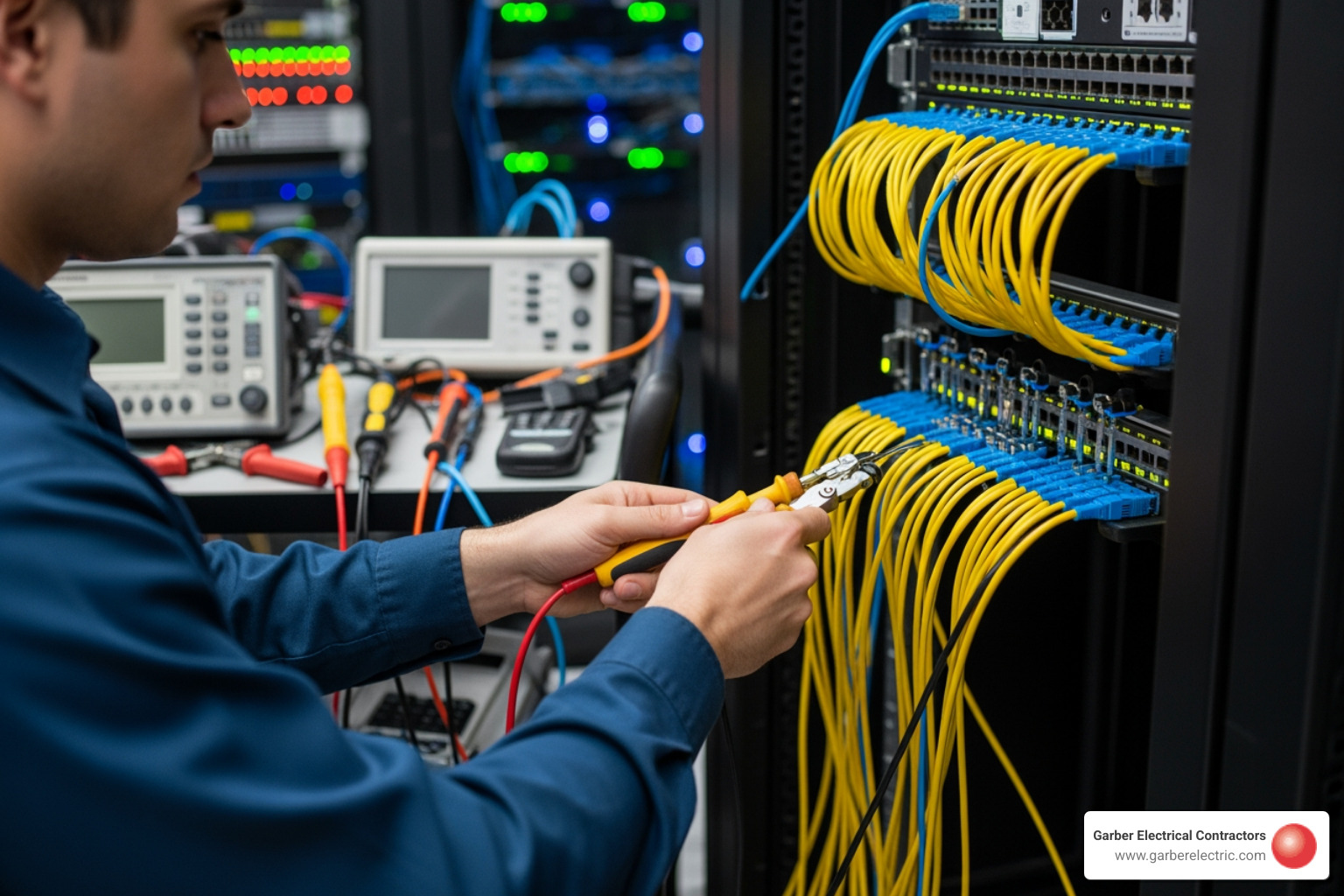 Technician using specialized tools to terminate and test data cables at a patch panel - low voltage wiring solutions