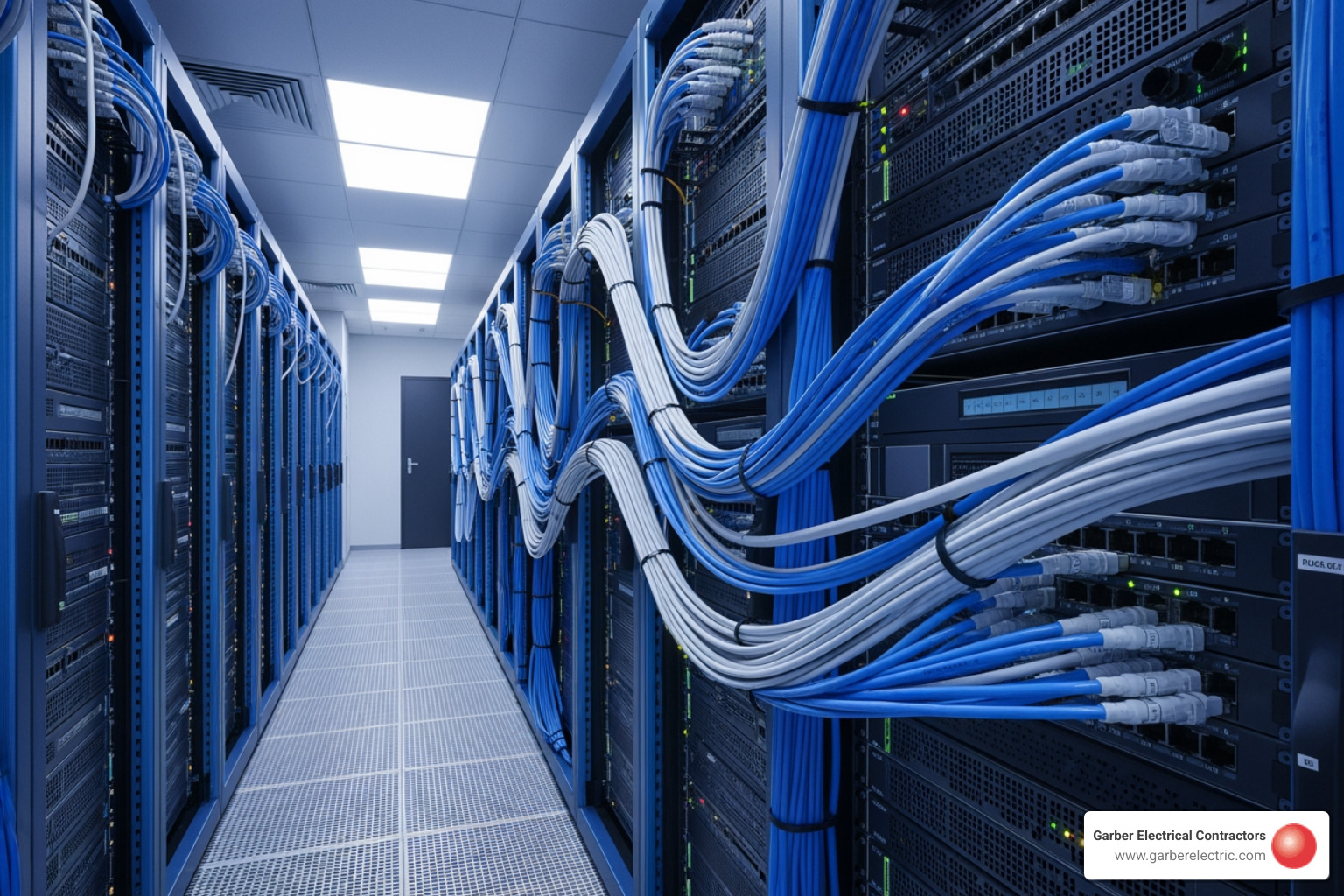 An organized server room with neatly managed blue and white Cat6 cables and labeled patch panels - low voltage wiring