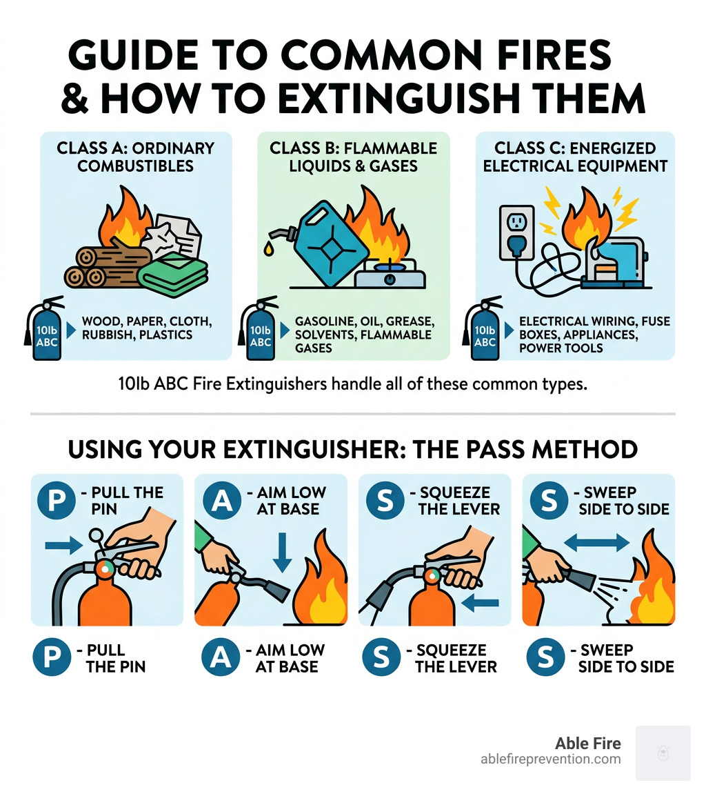 Infographic showing Class A B and C fire types with the PASS method for using a fire extinguisher - 10lb abc fire Infographic showing Class A B and C fire types with the PASS method for using a fire extinguisher - 10lb abc fire