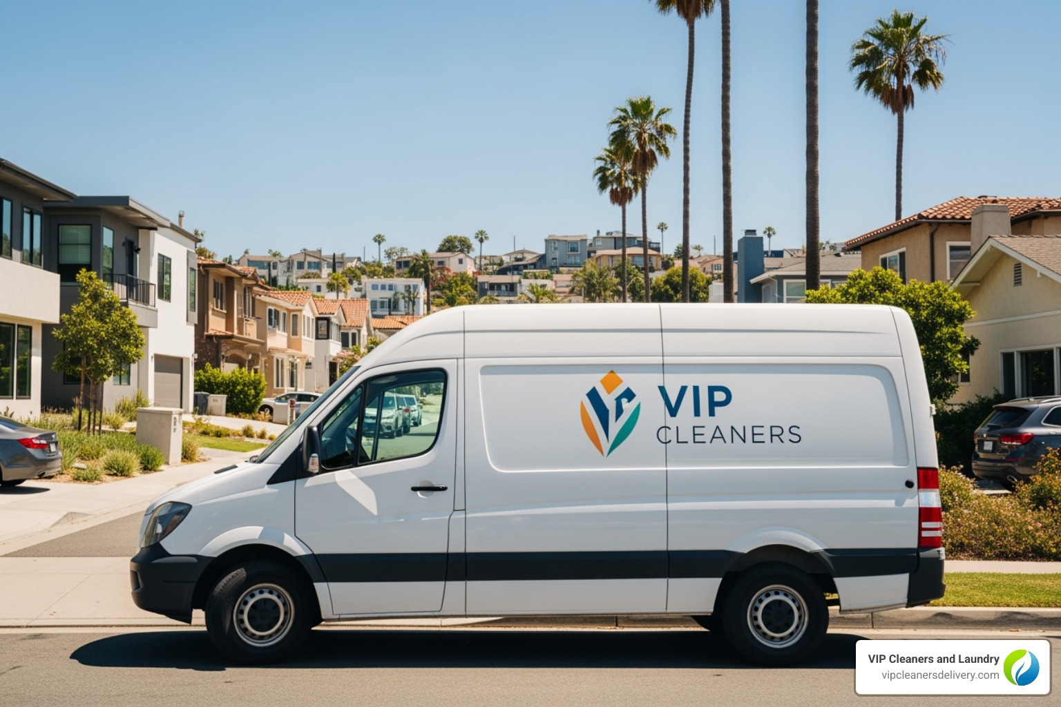 VIP Cleaners delivery van in San Diego neighborhood - Dry Cleaners Linda Vista VIP Cleaners delivery van in San Diego neighborhood - Dry Cleaners Linda Vista