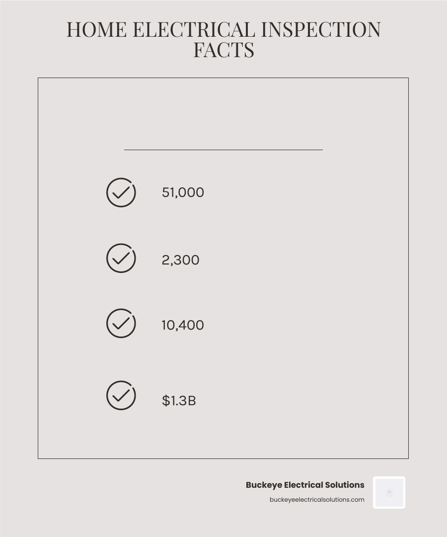 infographic showing home electrical inspection key facts: frequency, cost, what's checked, and fire statistics - home infographic showing home electrical inspection key facts: frequency, cost, what's checked, and fire statistics - home