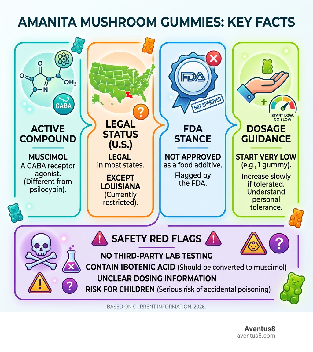 Infographic showing key facts about Amanita mushroom gummies: active compound muscimol, legal status by state, FDA stance