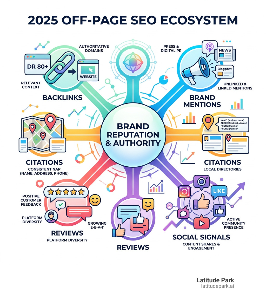 2025 off-page SEO ecosystem showing backlinks, brand mentions, citations, reviews, and social signals - best off page seo 2025 off-page SEO ecosystem showing backlinks, brand mentions, citations, reviews, and social signals - best off page seo