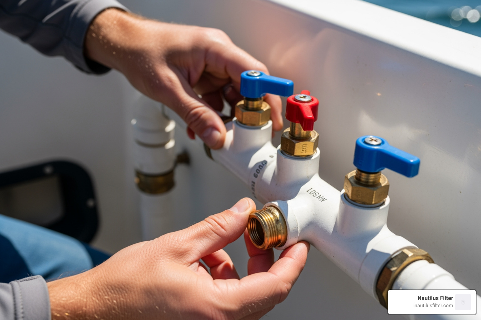 Boater inspecting a fresh water manifold to identify odor sources - eliminate boat sulfide smell