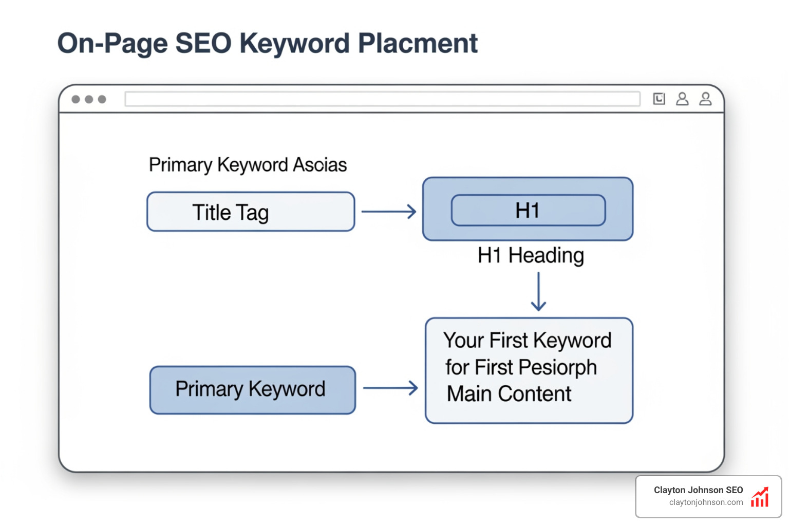 On-page keyword placement diagram showing title, H1, and first paragraph focus - seo keyword research checklist