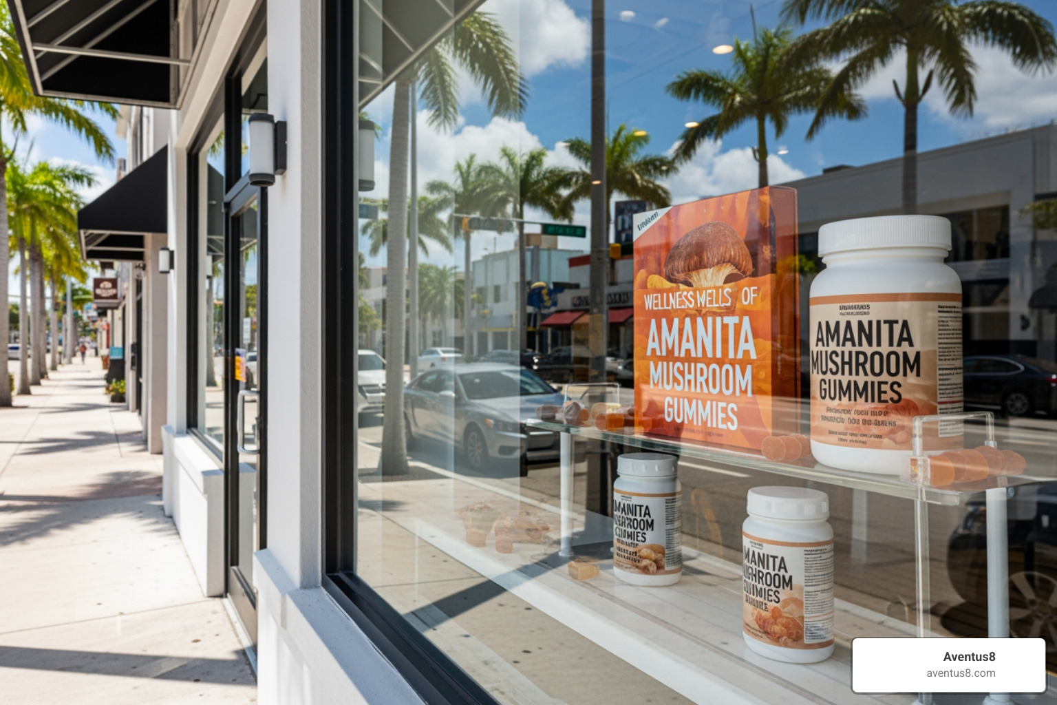 A modern retail storefront in Hollywood, Florida, showcasing wellness products - amanita mushroom gummy