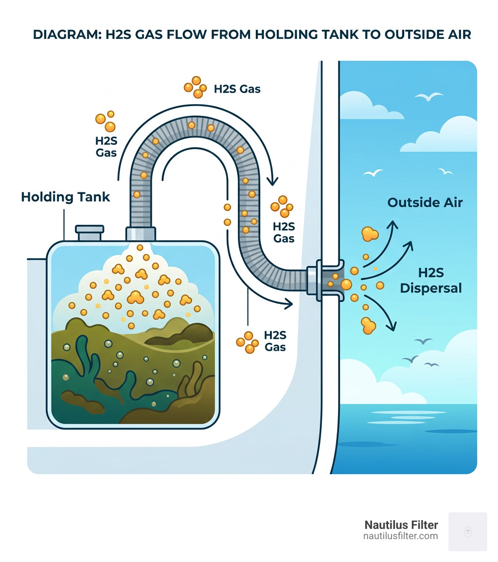 Diagram showing H2S gas traveling from holding tank through vent hose to outside air - holding tank vent filters infographic