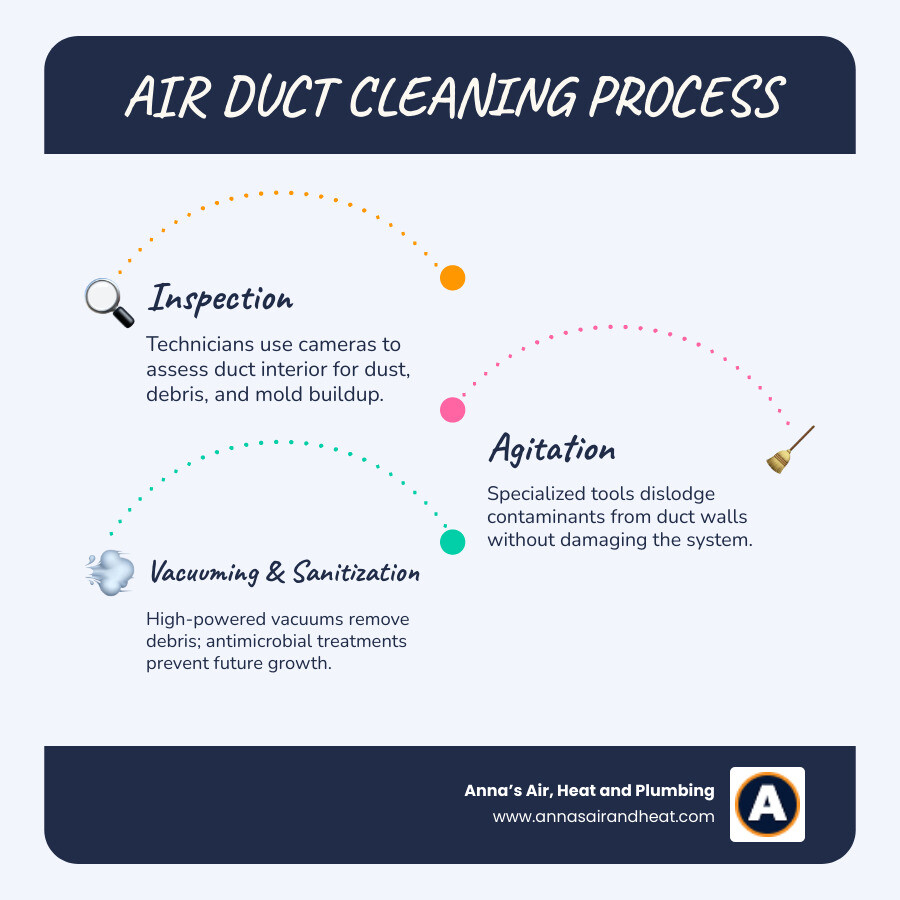 Infographic showing the air duct cleaning process steps: inspection, agitation, vacuuming, sanitization, and final Infographic showing the air duct cleaning process steps: inspection, agitation, vacuuming, sanitization, and final