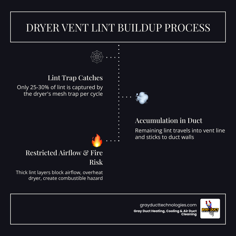 Infographic showing dryer vent airflow process, lint buildup stages, warning signs, and recommended cleaning frequency Infographic showing dryer vent airflow process, lint buildup stages, warning signs, and recommended cleaning frequency