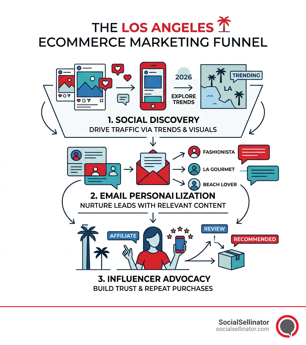 LA ecommerce marketing funnel: Social Discovery, Email Personalization, Influencer Advocacy steps - ecommerce marketing los