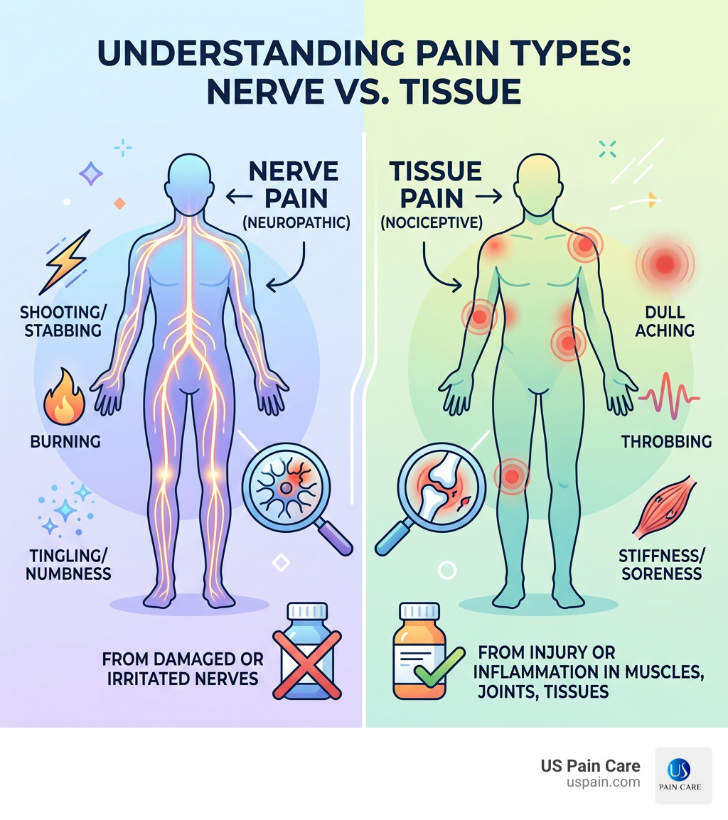 Infographic explaining the difference between nerve pain and tissue pain - nerve painkillers infographic 