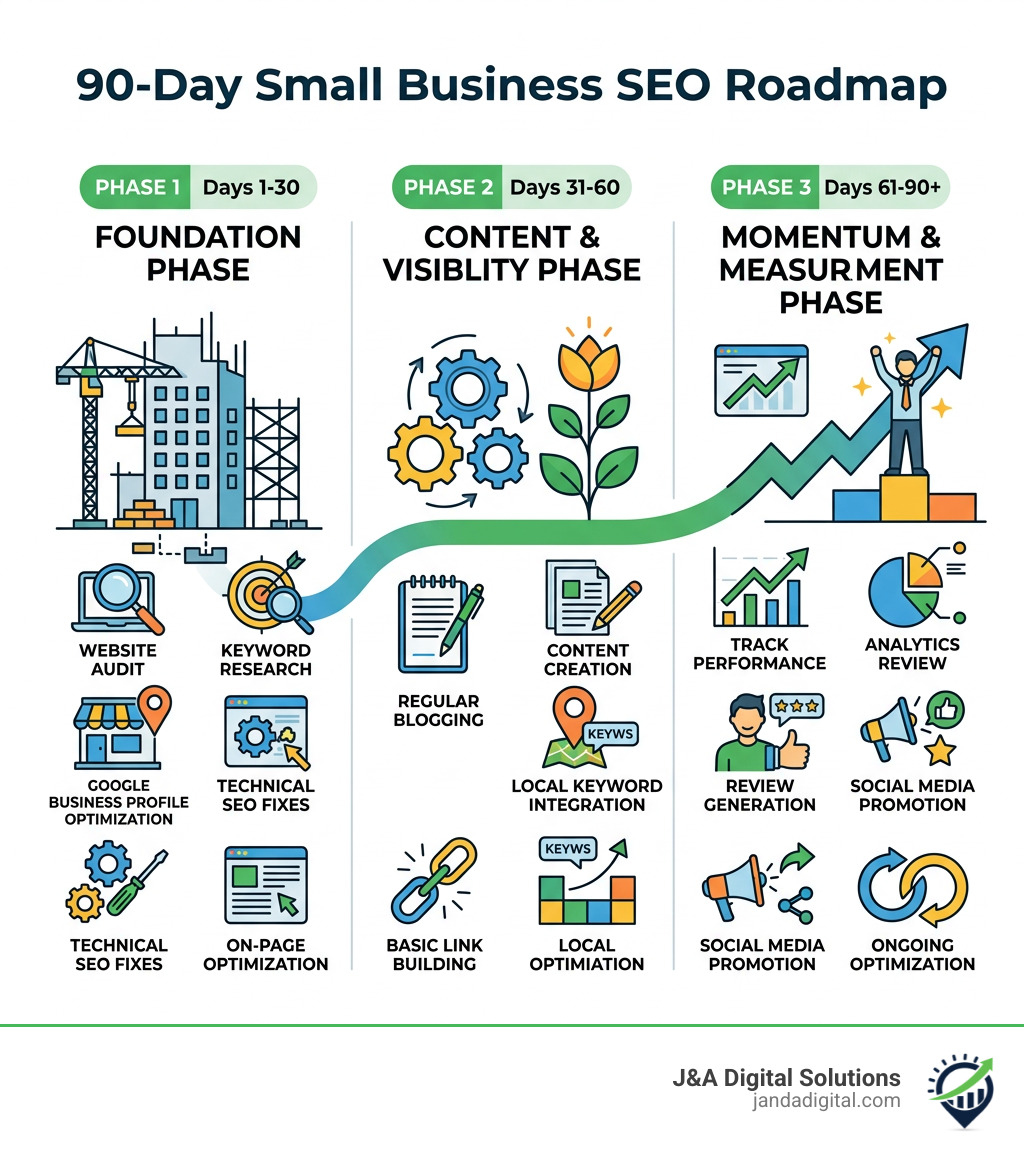 90-day SEO roadmap for small businesses showing foundation, content, and momentum phases - affordable business seo small 90-day SEO roadmap for small businesses showing foundation, content, and momentum phases - affordable business seo small