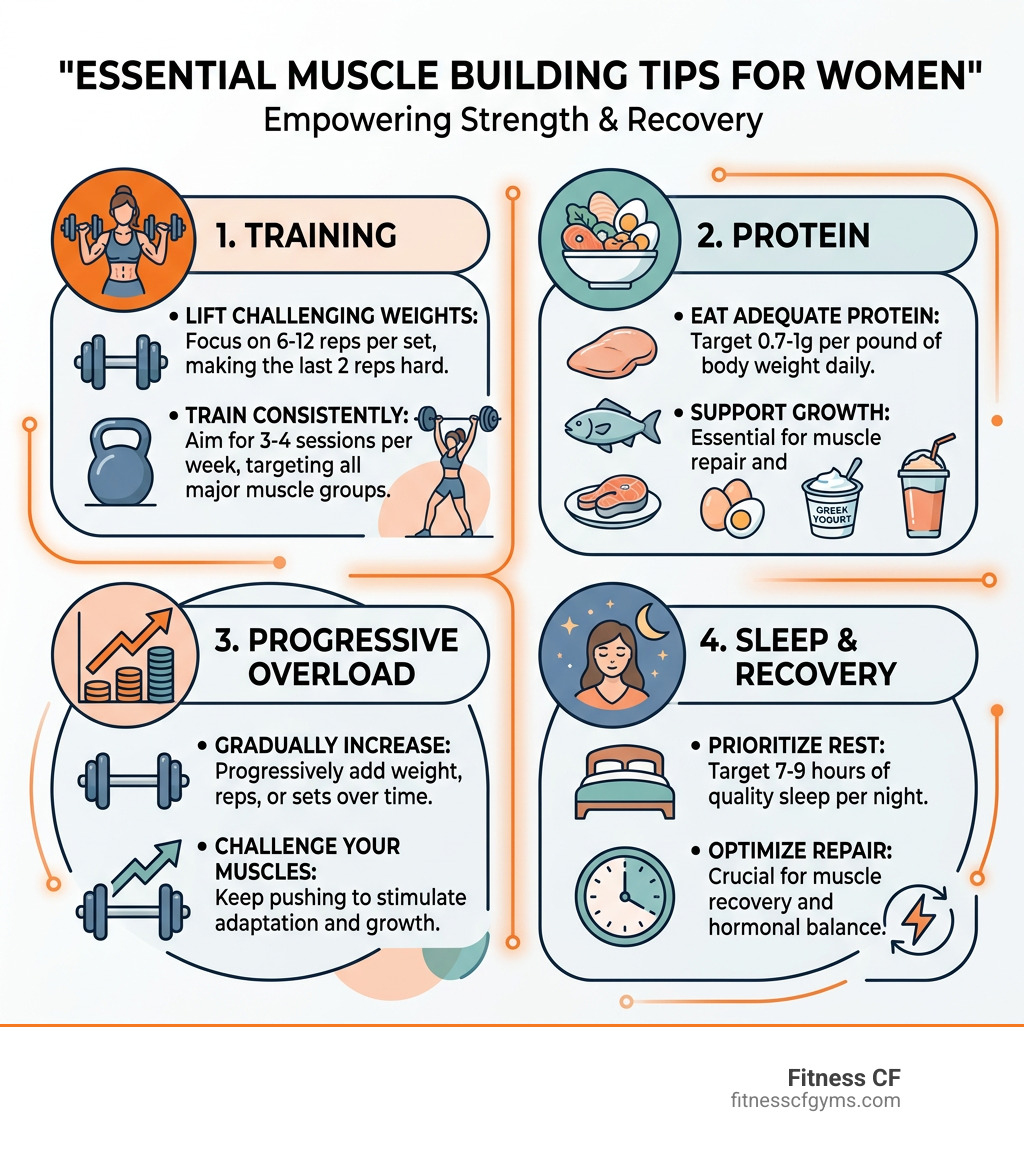 Infographic: key muscle building tips for women including training, protein, sleep, and progressive overload - muscle Infographic: key muscle building tips for women including training, protein, sleep, and progressive overload - muscle
