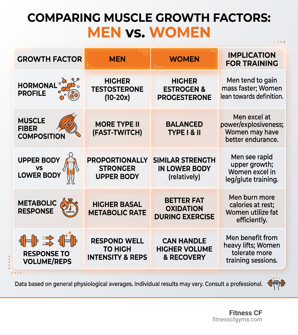 Table comparing muscle growth factors in men vs. women - muscle building tips for women infographic Table comparing muscle growth factors in men vs. women - muscle building tips for women infographic