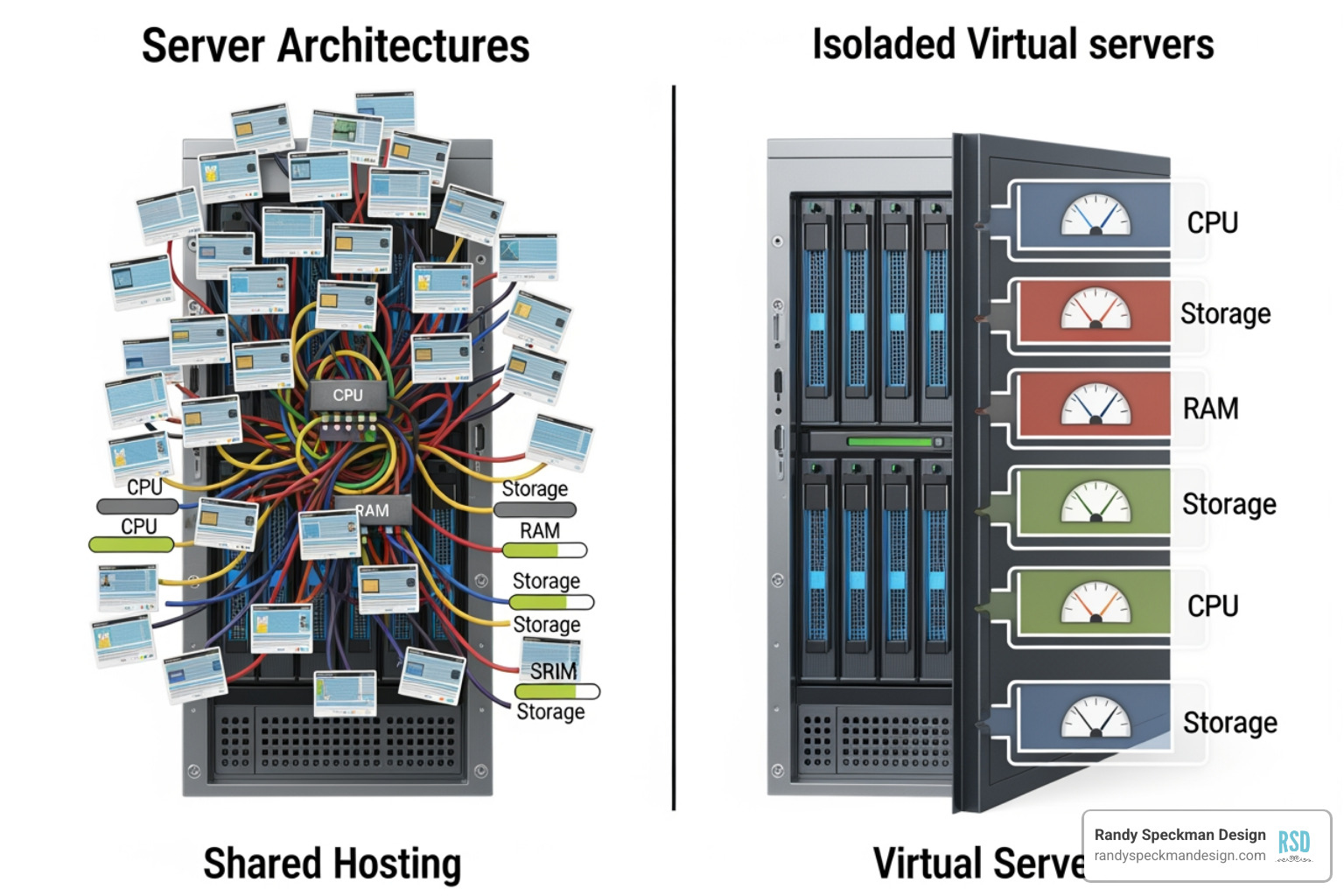 Server architecture comparison showing shared vs private resources - hosting for businesses