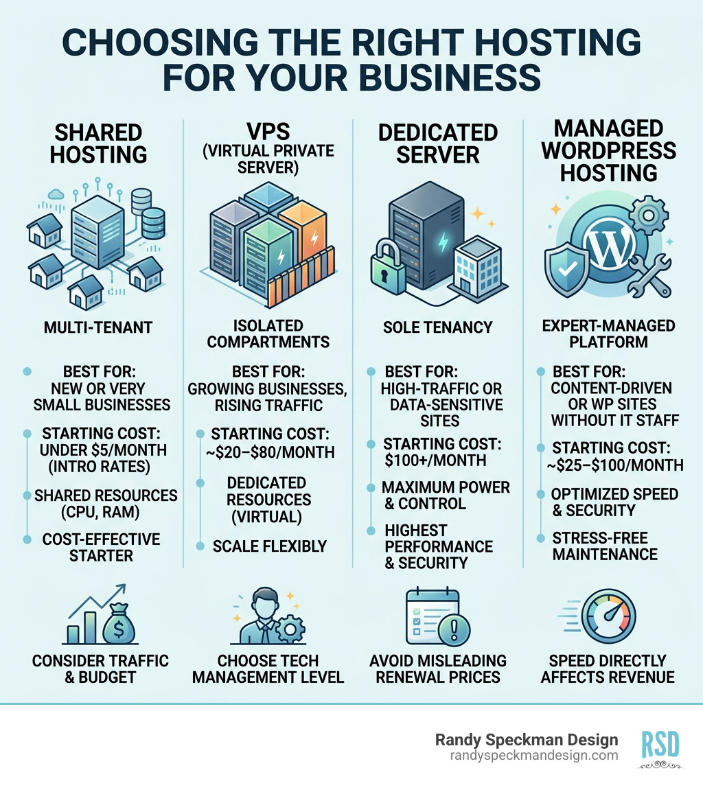 Infographic comparing shared, VPS, dedicated, and managed WordPress hosting for businesses - hosting for businesses
