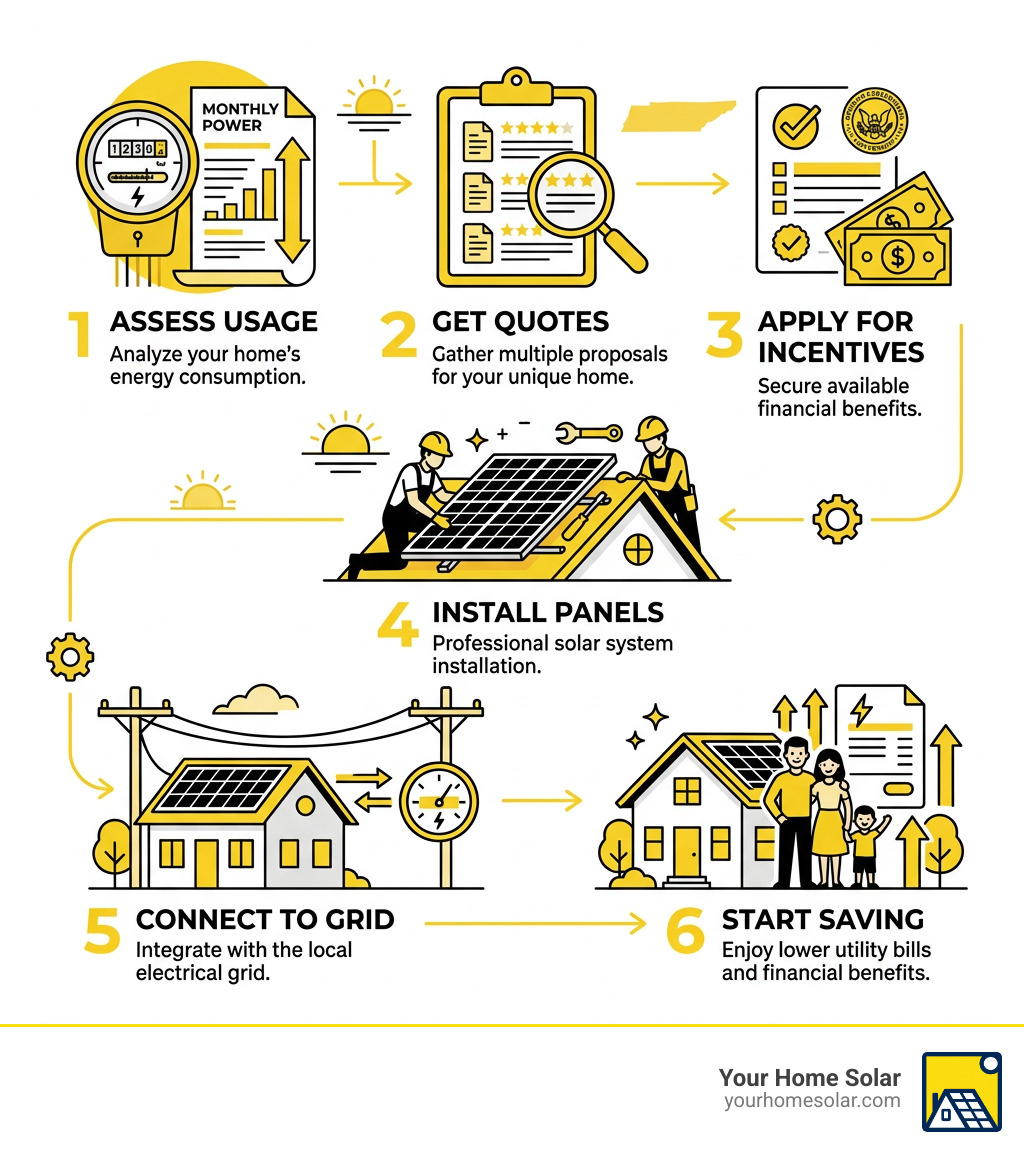 Step-by-step infographic of the solar transition process for Tennessee homeowners: assess usage, get quotes, apply for Step-by-step infographic of the solar transition process for Tennessee homeowners: assess usage, get quotes, apply for