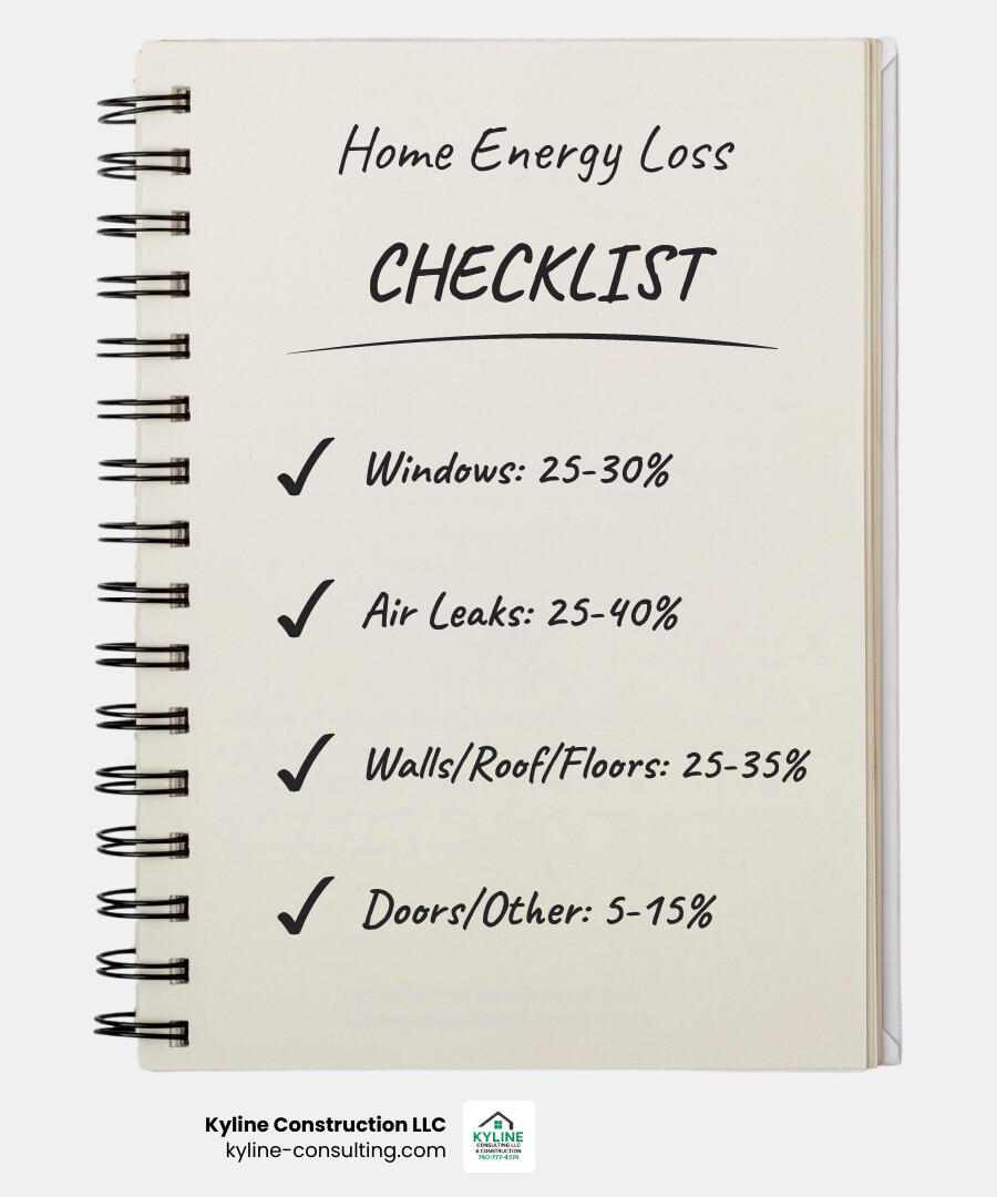 Infographic showing where homes lose energy: windows 25-30%, air leaks 25-40%, walls/roof/floors 25-35%, doors/other 5-15% Infographic showing where homes lose energy: windows 25-30%, air leaks 25-40%, walls/roof/floors 25-35%, doors/other 5-15%