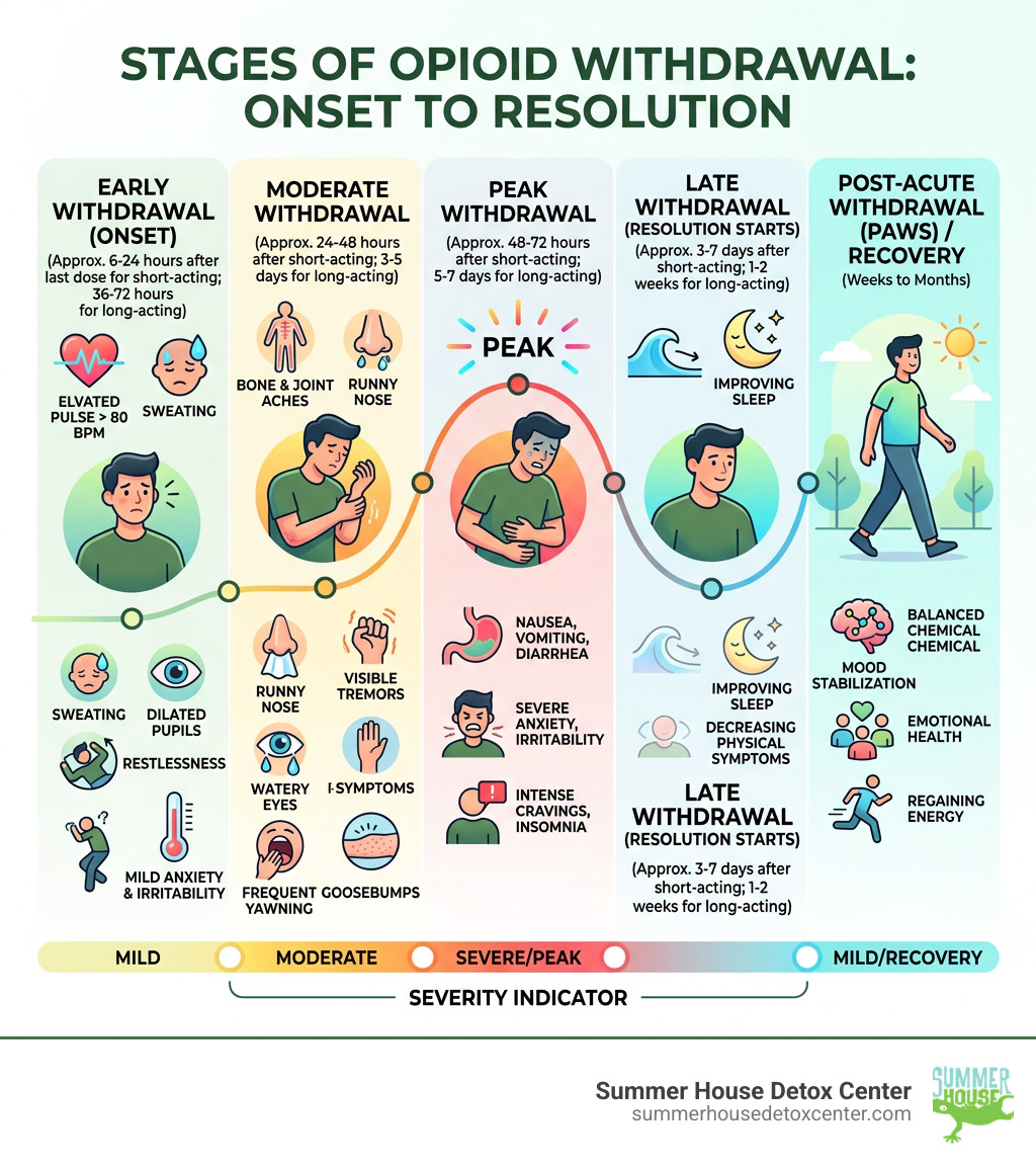 Stages of opioid withdrawal from onset to peak to resolution with severity indicators - opiate withdrawal symptoms checklist