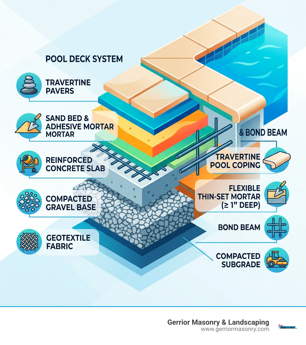 Infographic showing structural layers of a pool deck and coping bond beam from gravel base to travertine coping - travertine