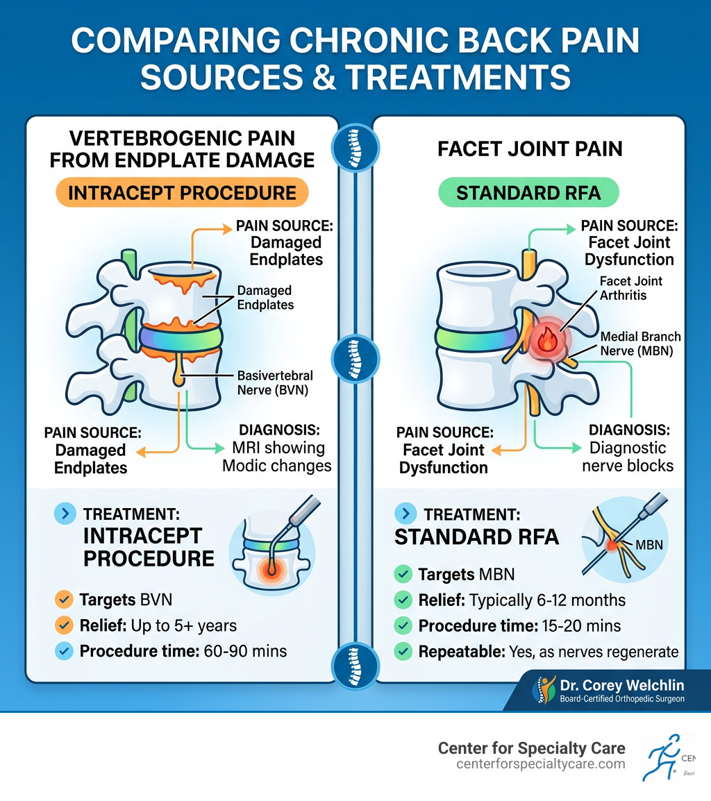 Infographic comparing vertebrogenic pain from endplate damage vs facet joint pain sources and treatments - intracept