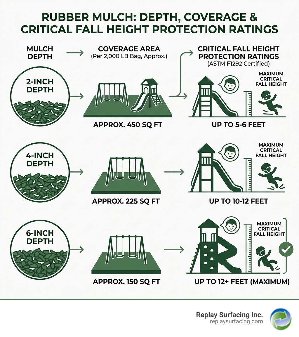 Comparison infographic: rubber mulch depth vs. coverage area and critical fall height protection ratings - best place to get
