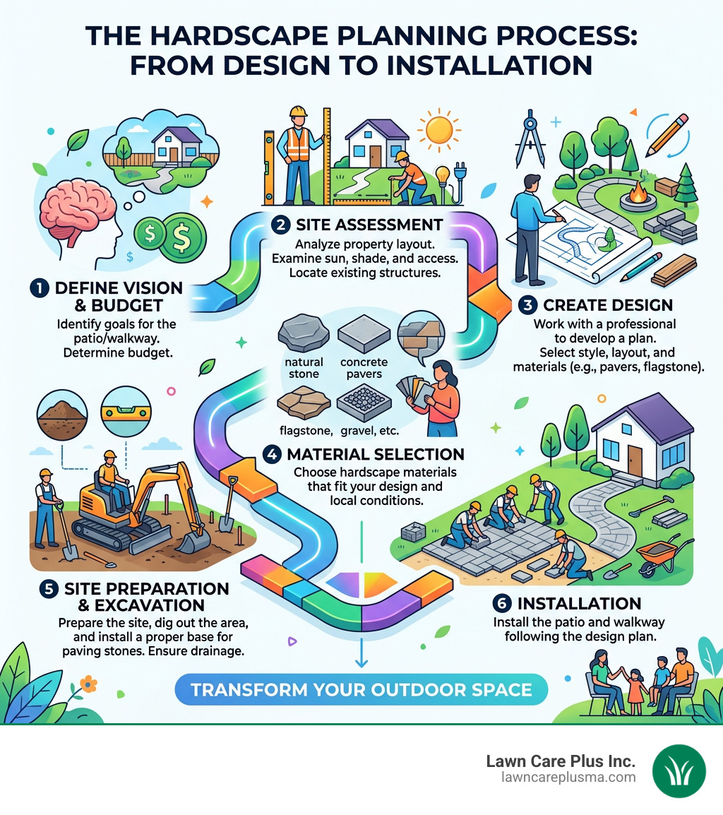 Hardscape planning process infographic showing steps from design to installation - patio and walkway infographic Hardscape planning process infographic showing steps from design to installation - patio and walkway infographic
