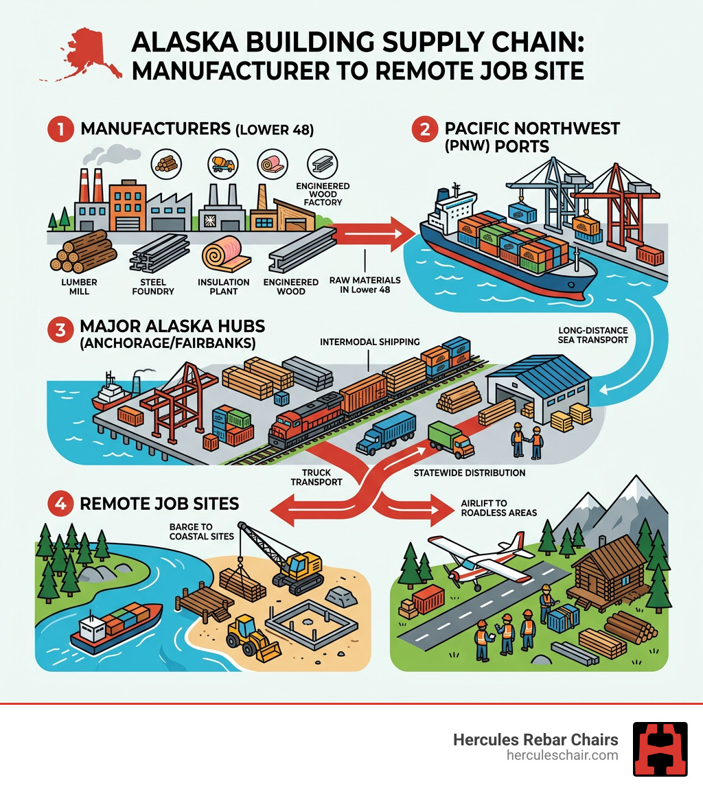Alaska building supply chain from manufacturer to remote job site infographic - Building materials Alaska infographic 