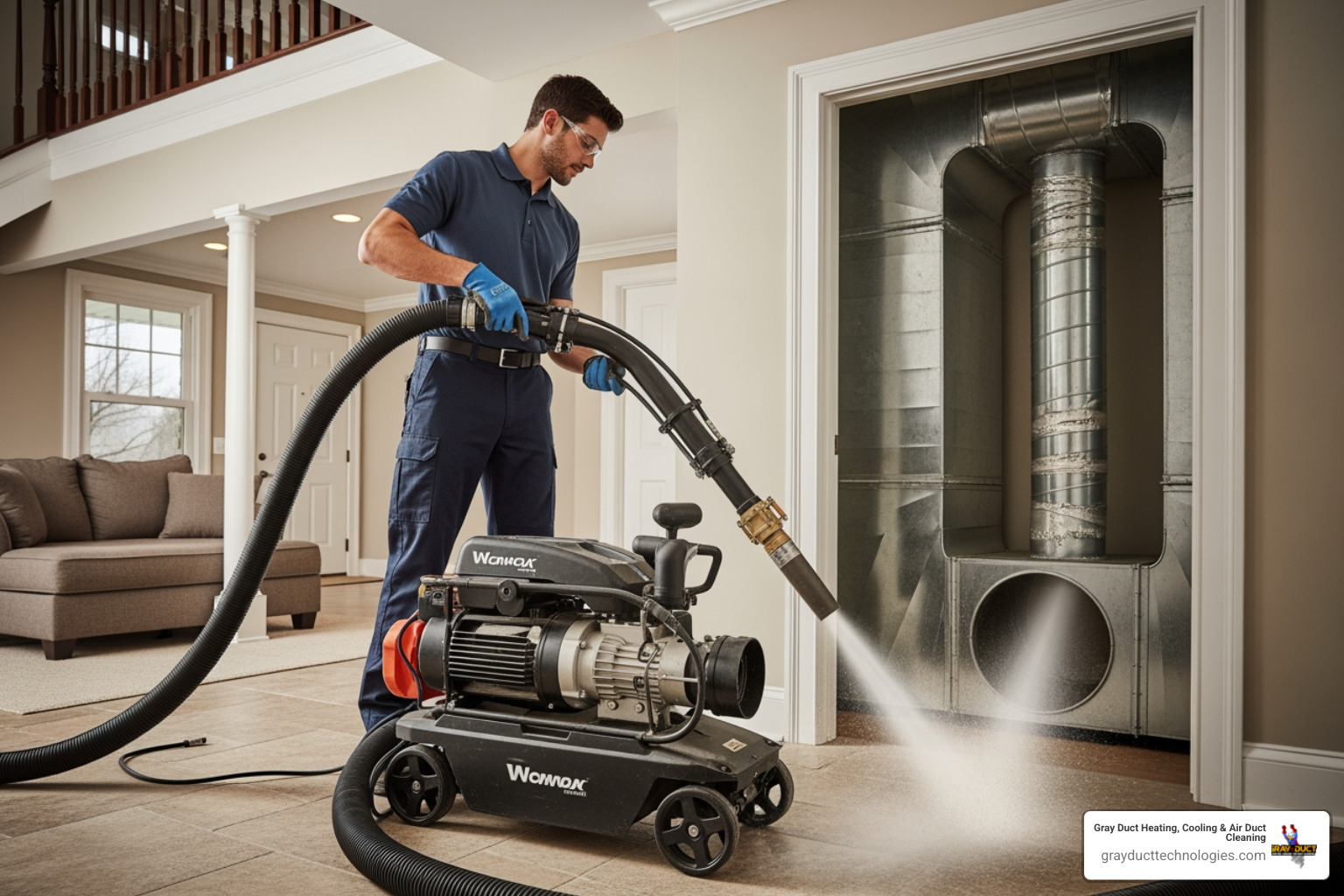 Professional HVAC technician using high-powered vacuum equipment to clean air ducts - best duct cleaning in greenwood, mn
