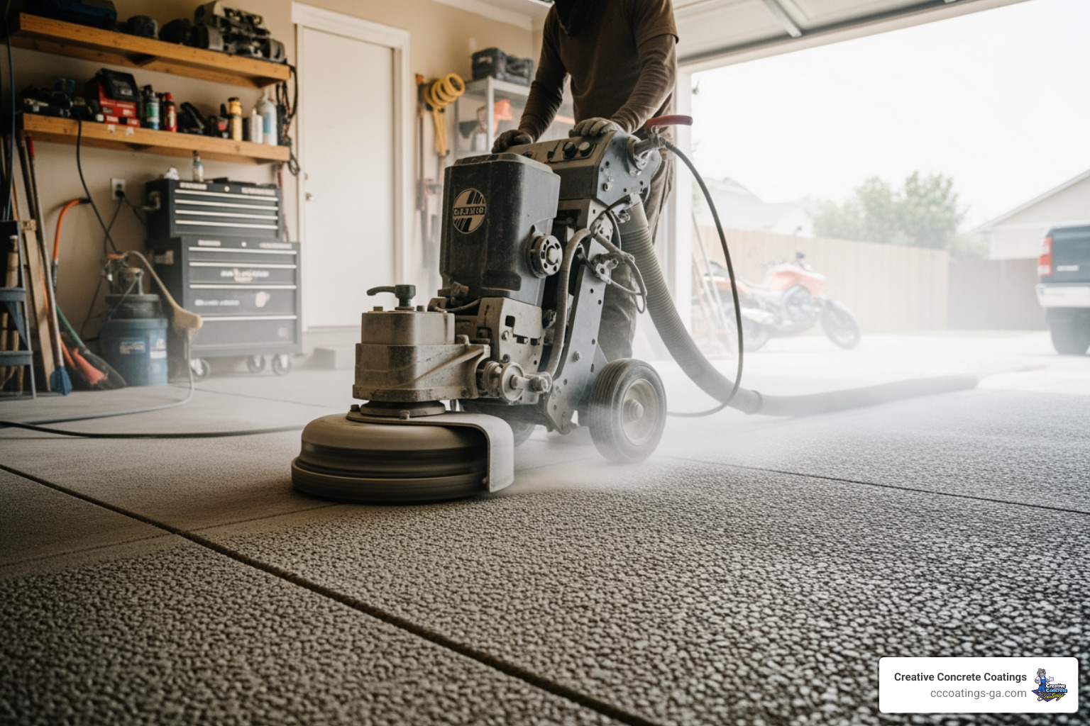 Industrial diamond grinding process preparing a concrete garage floor for epoxy - epoxy floor for garages Industrial diamond grinding process preparing a concrete garage floor for epoxy - epoxy floor for garages